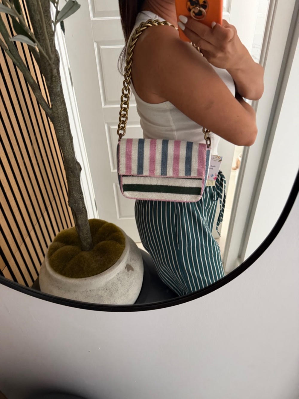 Viral Famous Beaded Stripe Shoulder Bag in Pink, White & Dark Green - Picture 11 of 15